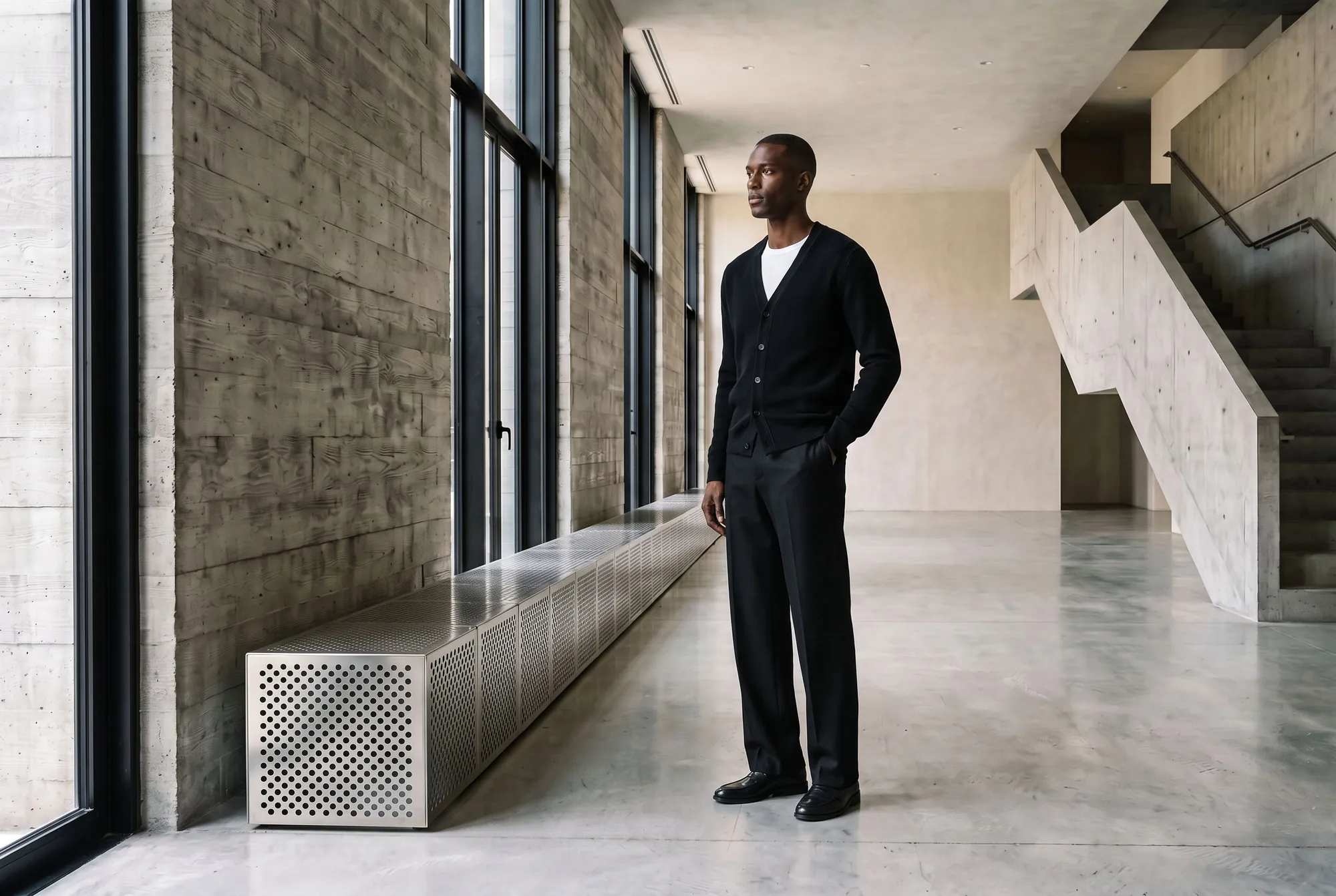 A man in the black cardigan stands by the tall steel windows