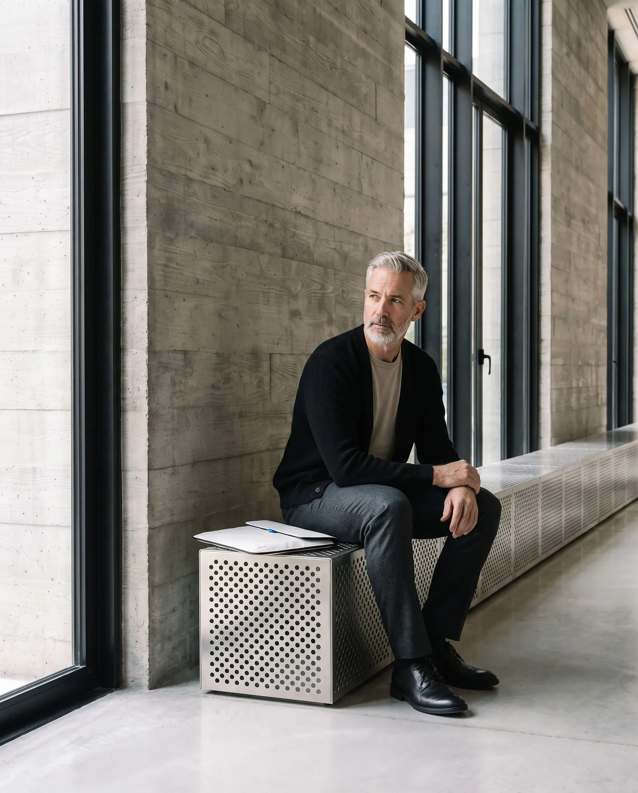 A silver haired man in the black cardigan sits on the bench beside the laptop sleeve