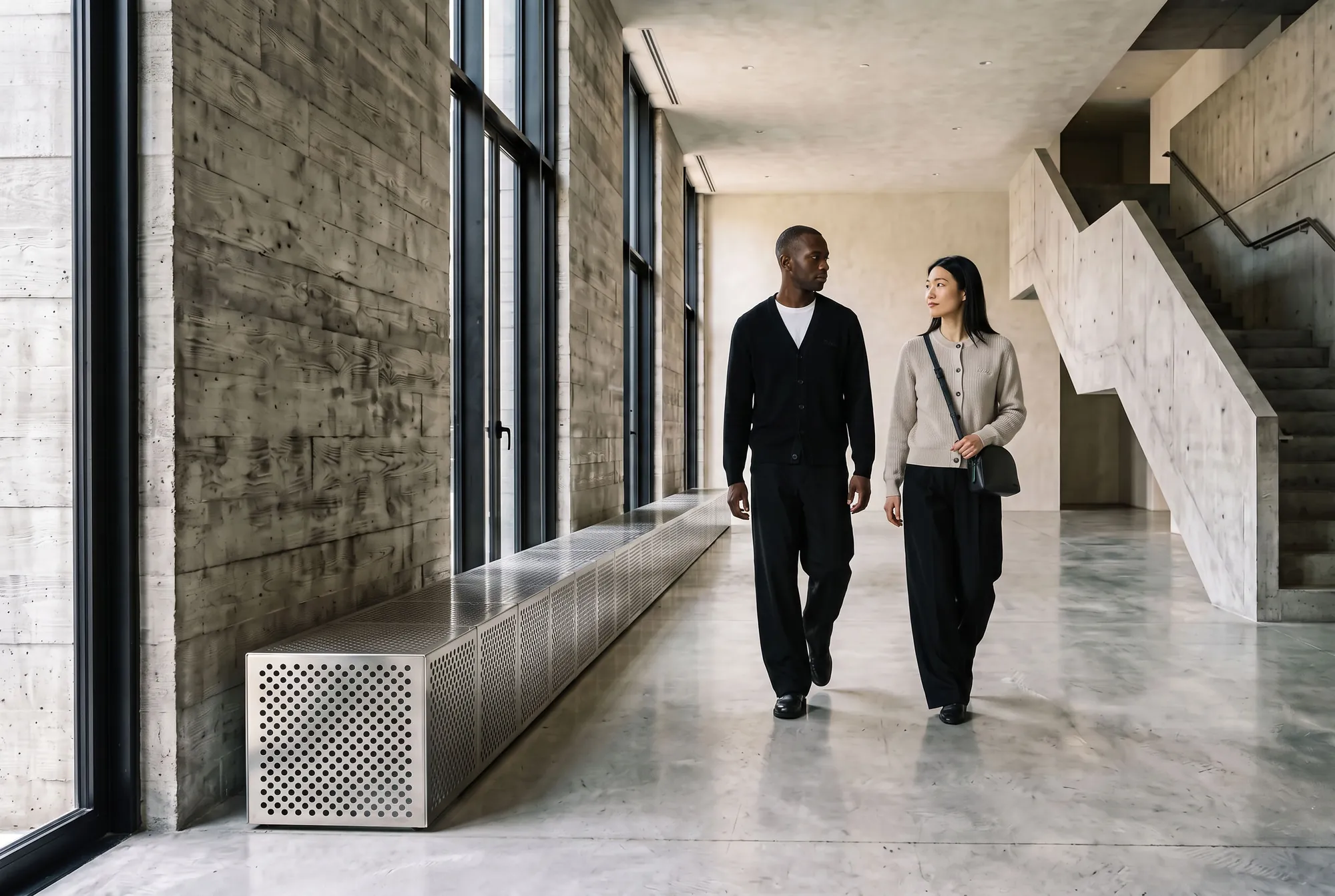 Two people walk down the concrete hall in the black and oat cardigans