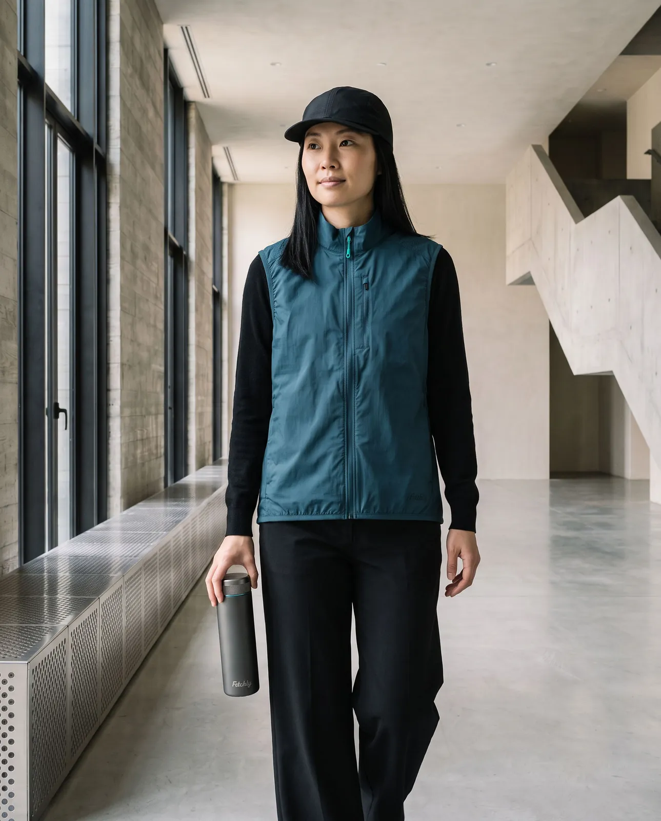 A woman in the wind vest and cap walks the hall holding the bottle