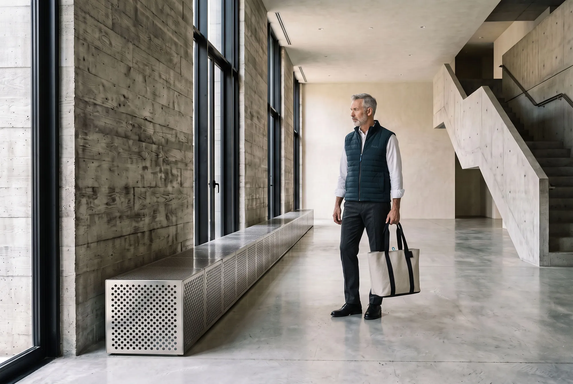 A silver haired man in the quilted vest holds the tote
