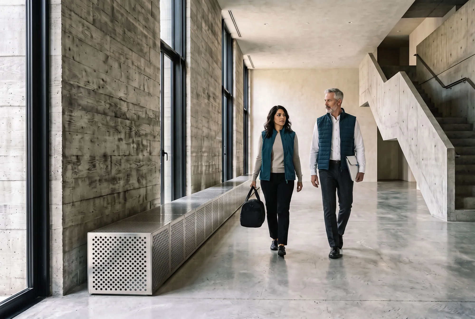 Two people walk the hall in both vests, carrying the duffel and the laptop sleeve