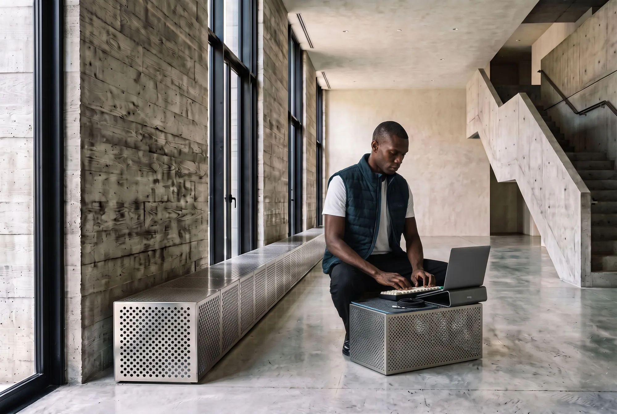 A man in the quilted vest works on a steel block with the keyboard, stand and mouse pad