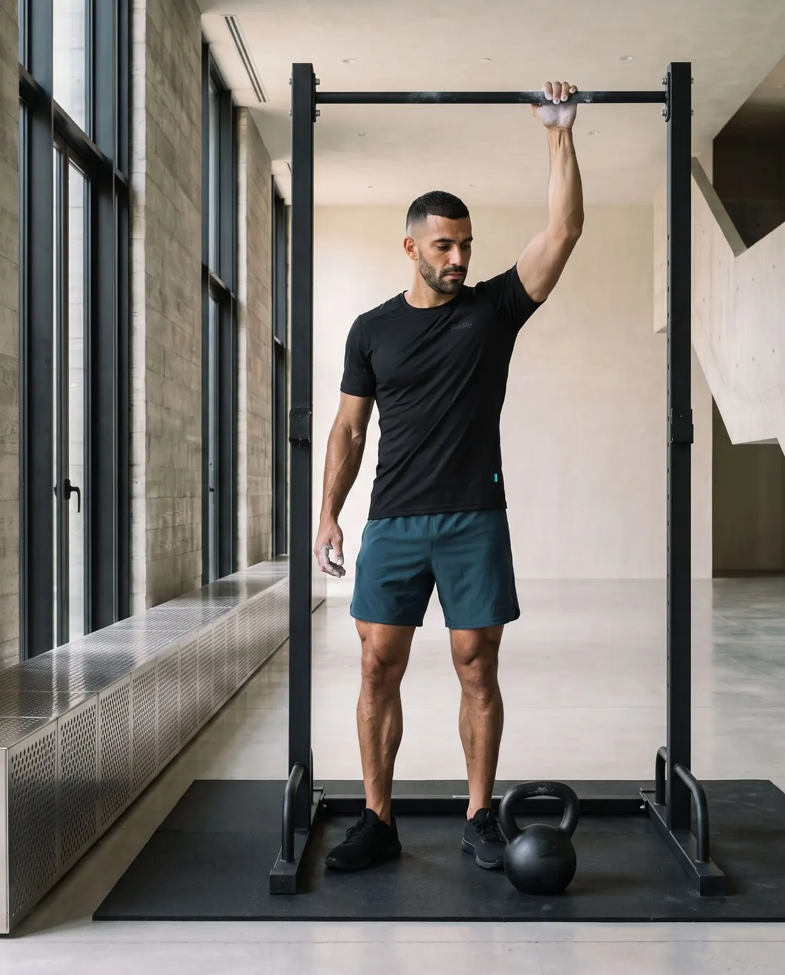 A man in the training tee and short hangs from a black pull up rig, kettlebell at his feet